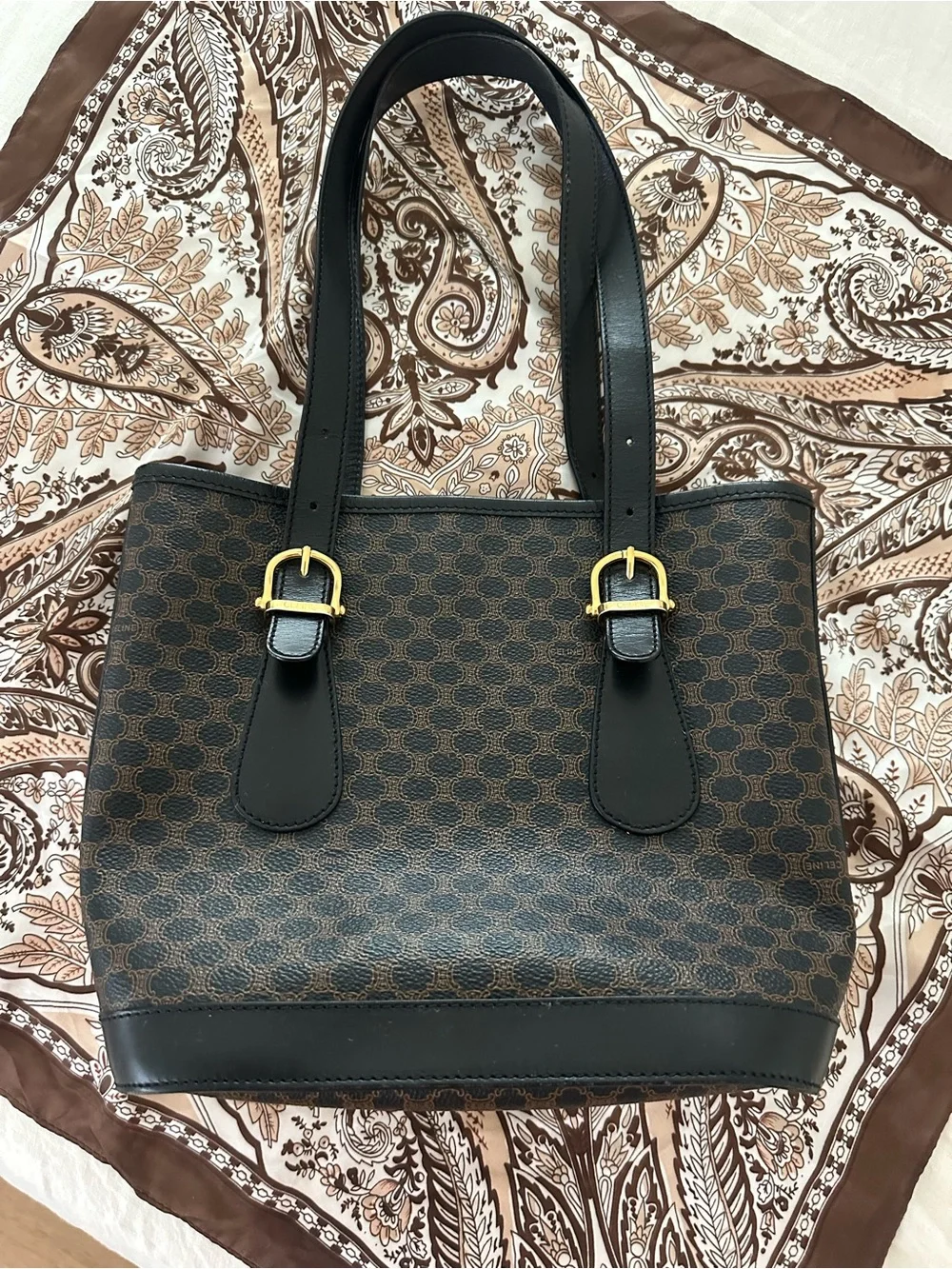 Celine Brown and Black Logo-Print Leather Trim Tote